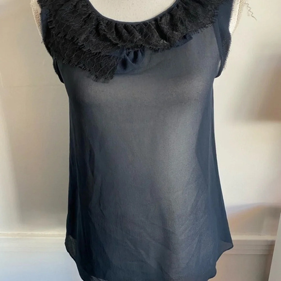 Theory • Navy Sheer With Black Lace Neckline Tank Top - Picture 2 of 5